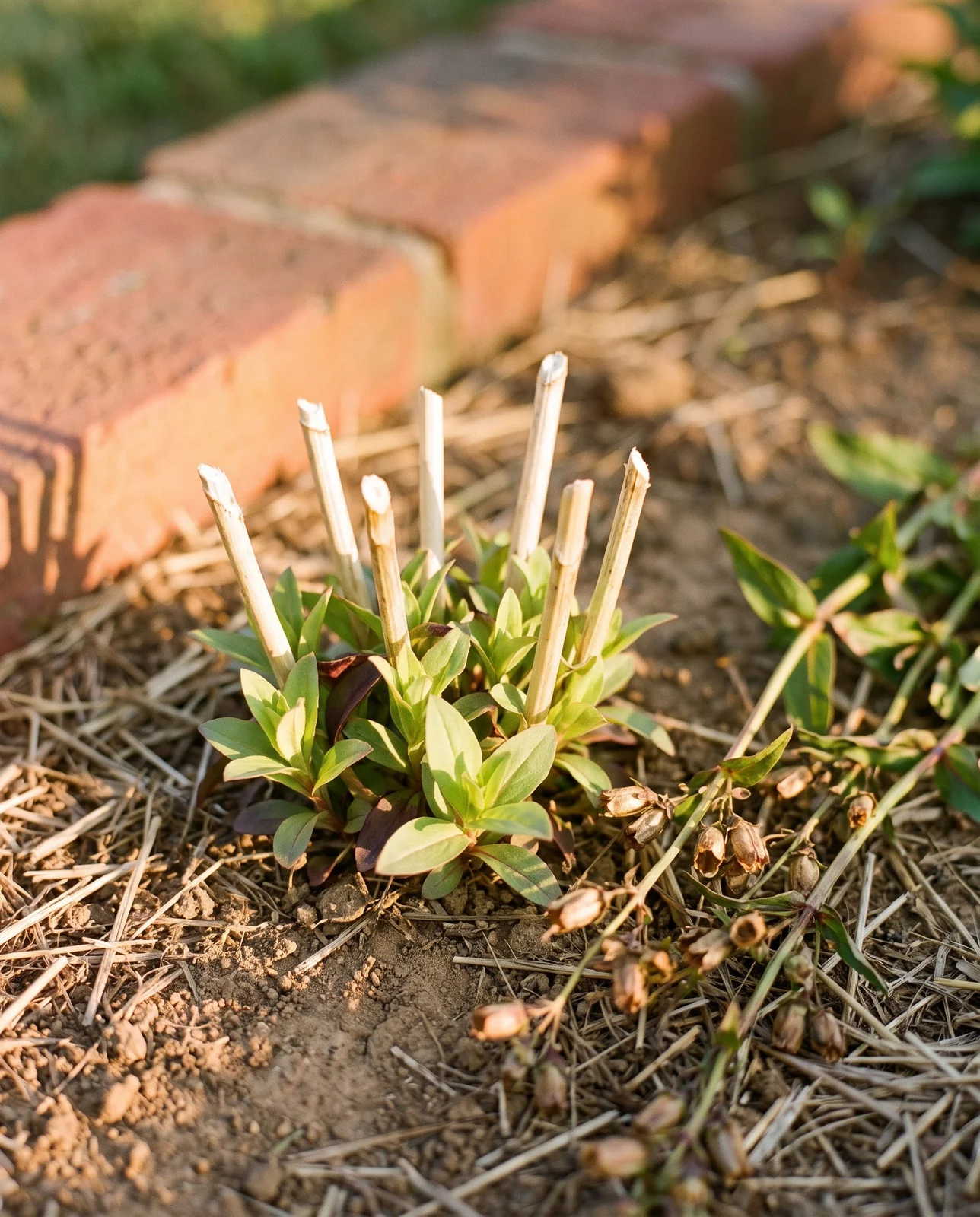 Pale cut stem stubs on a Penstemon digitalis crown with fresh light green basal shoots coming between them
