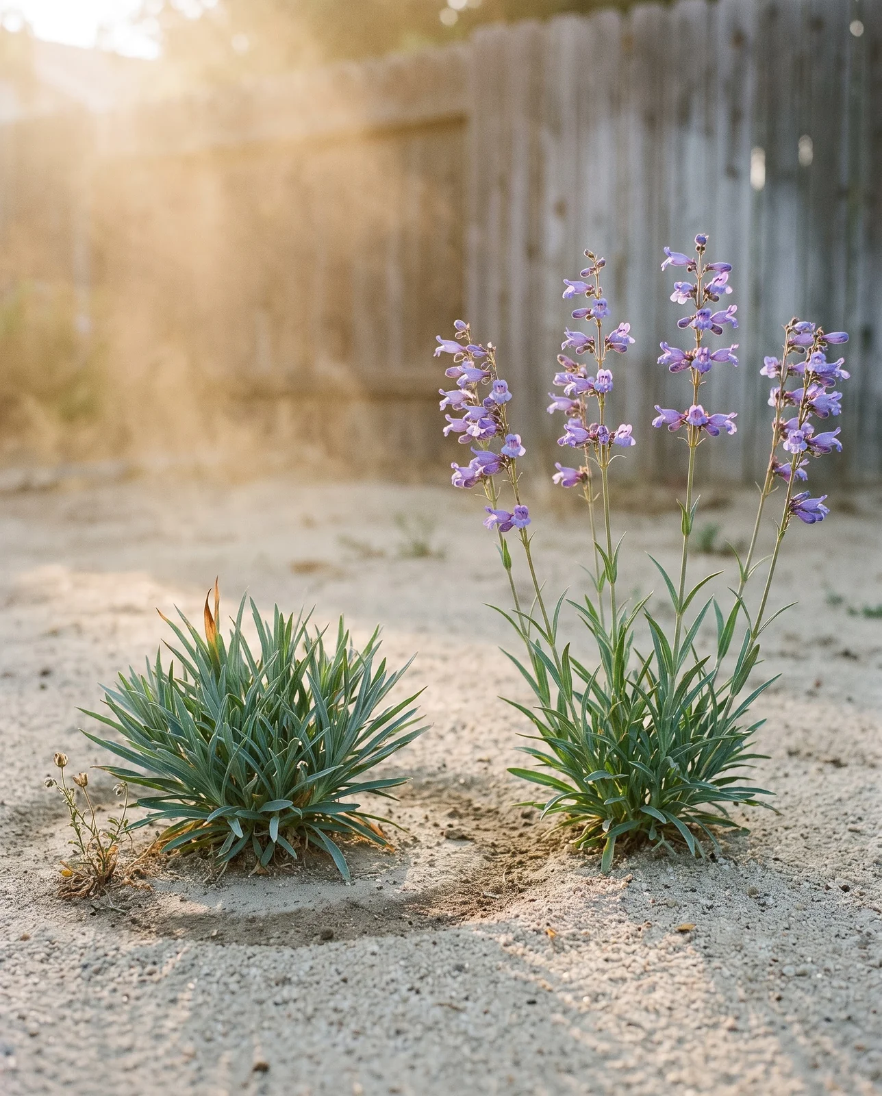 A leafy first-summer Penstemon heterophyllus clump with no flower stems beside an older plant in full blue flower