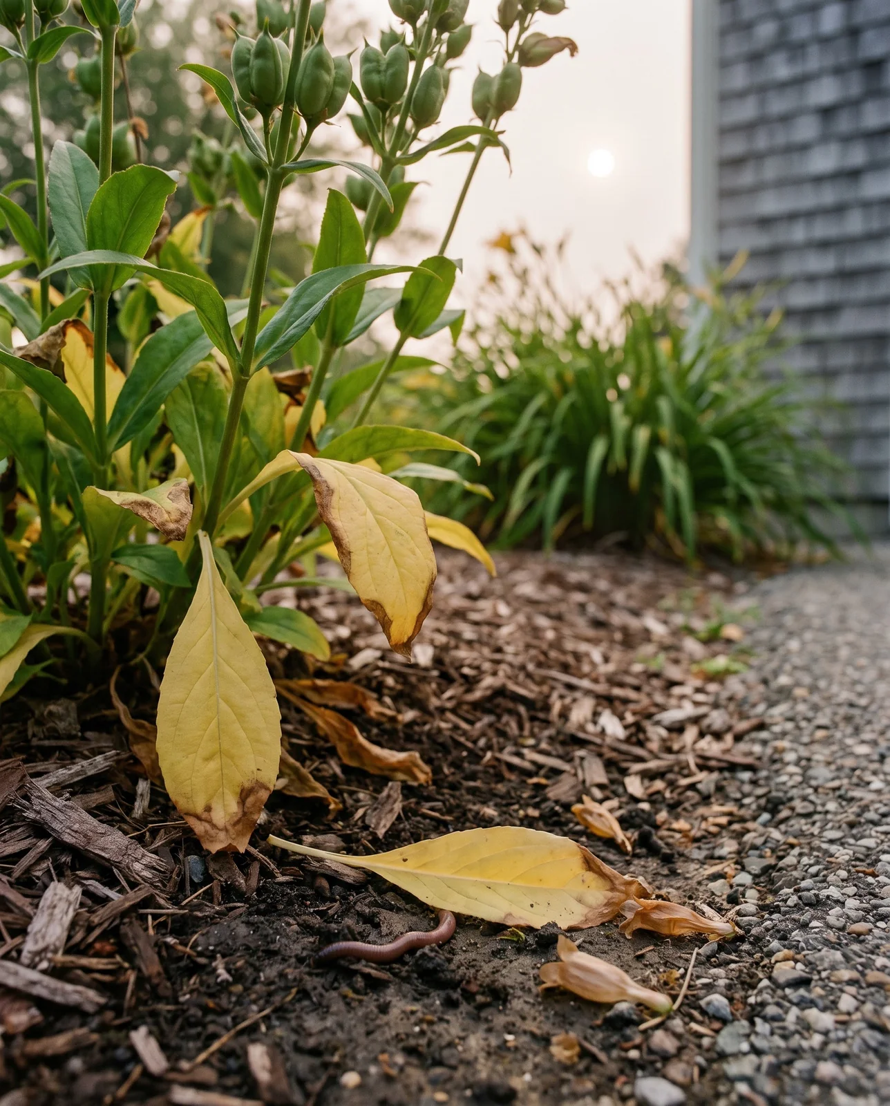 Soft yellow lowest leaves at the base of an otherwise healthy Penstemon digitalis clump in July