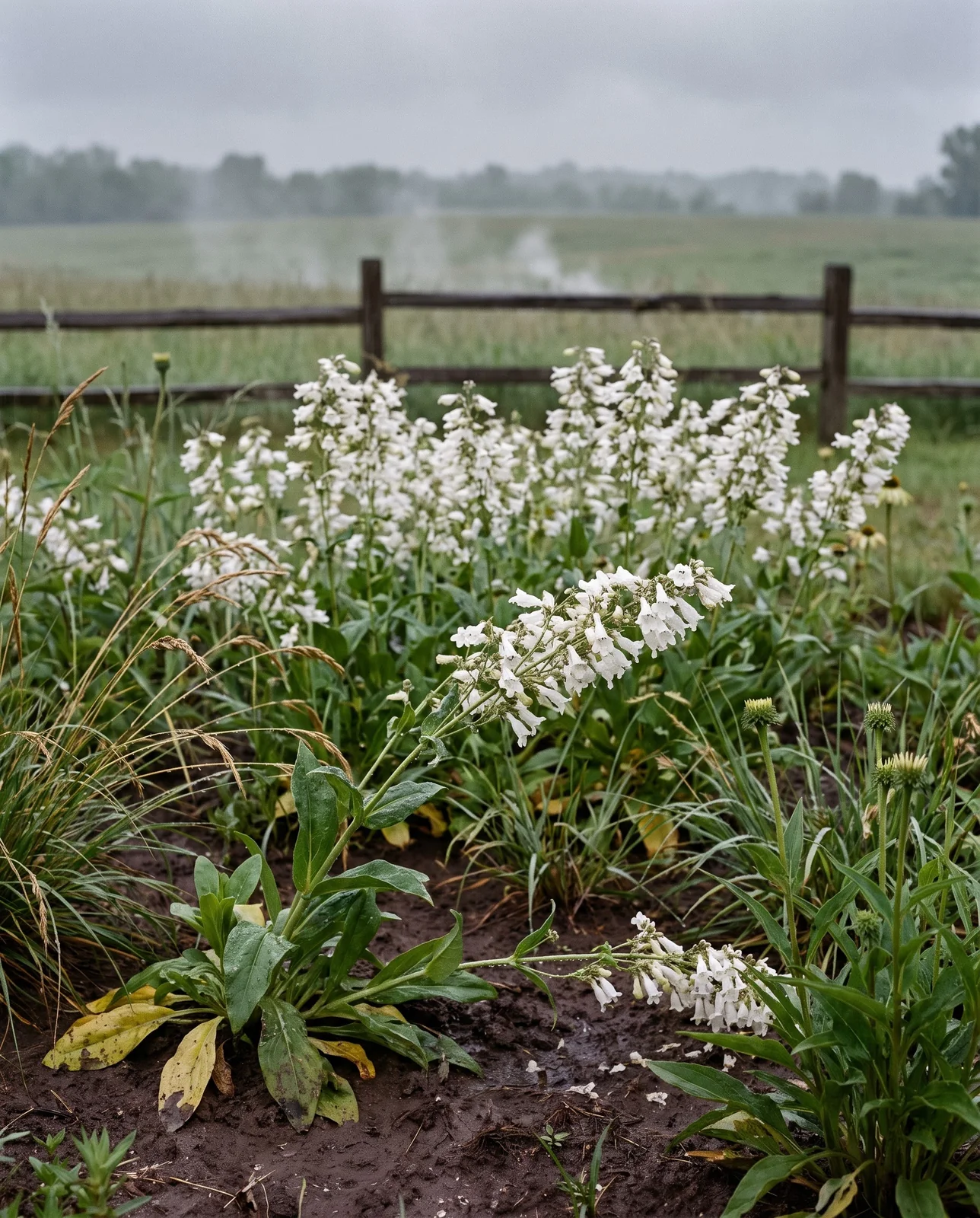 White Penstemon digitalis panicles beaded with rain over dark wet Missouri loam on a humid grey morning
