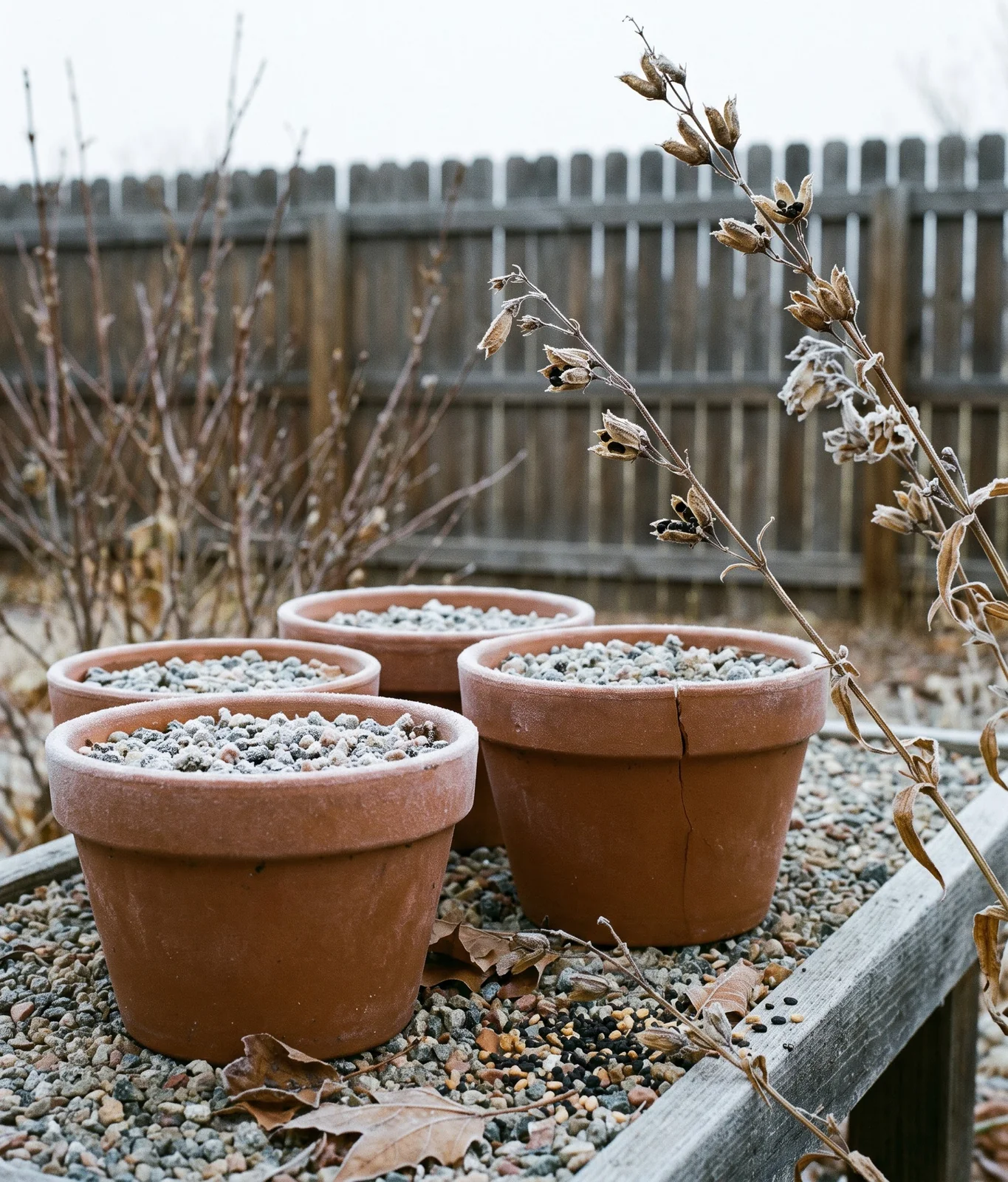 Frosted clay seed pans left outdoors in November beside the split seed capsules of Penstemon strictus