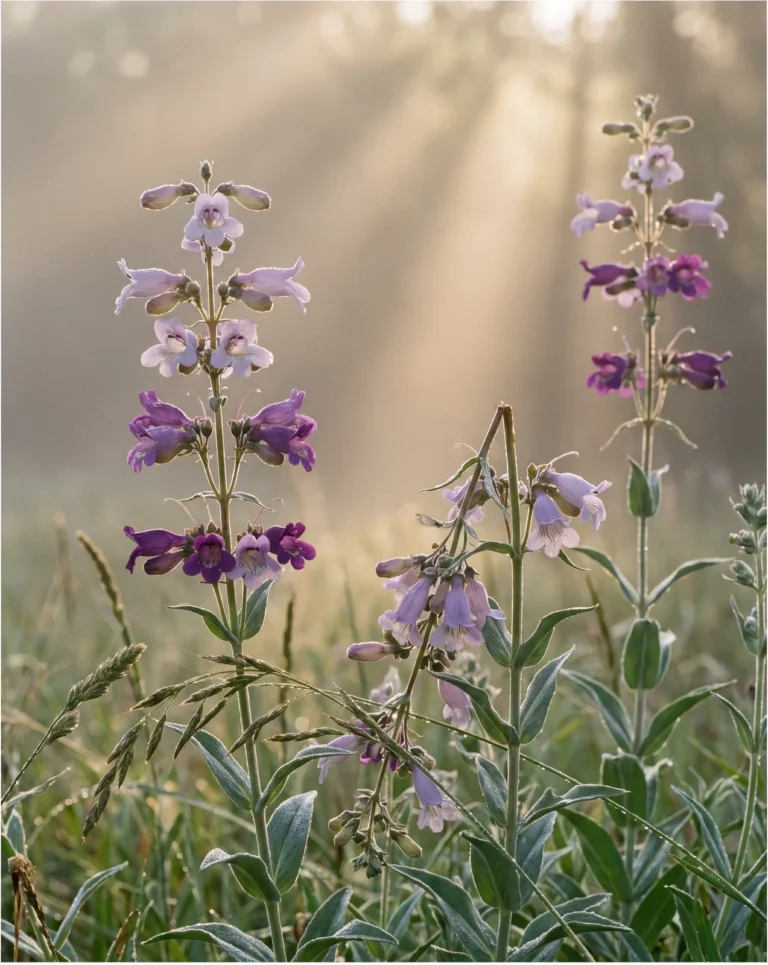 Penstemon canescens with pale lilac and deep purple tubes on downy grey leaves, back-lit through lifting Tennessee fog