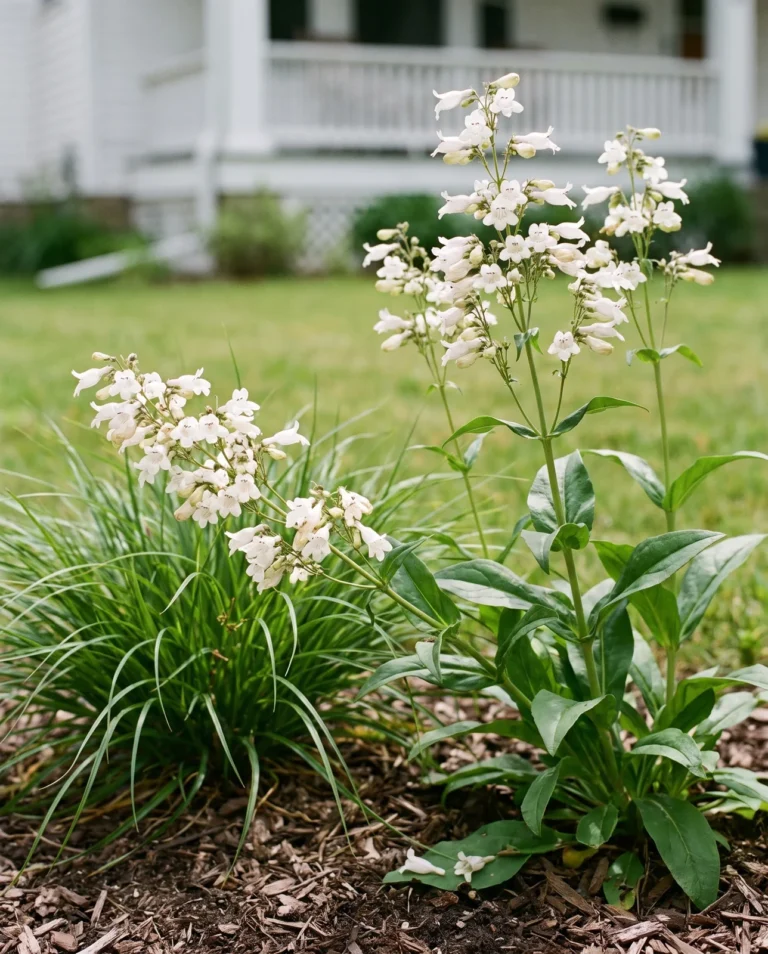White branching panicles of the species Penstemon digitalis over glossy green leaves in a Wisconsin front garden