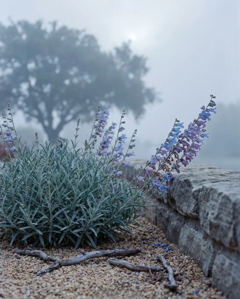 Penstemon heterophyllus 'Margarita BOP' with sky blue, lavender and dull purple flowers on one stem under coastal fog