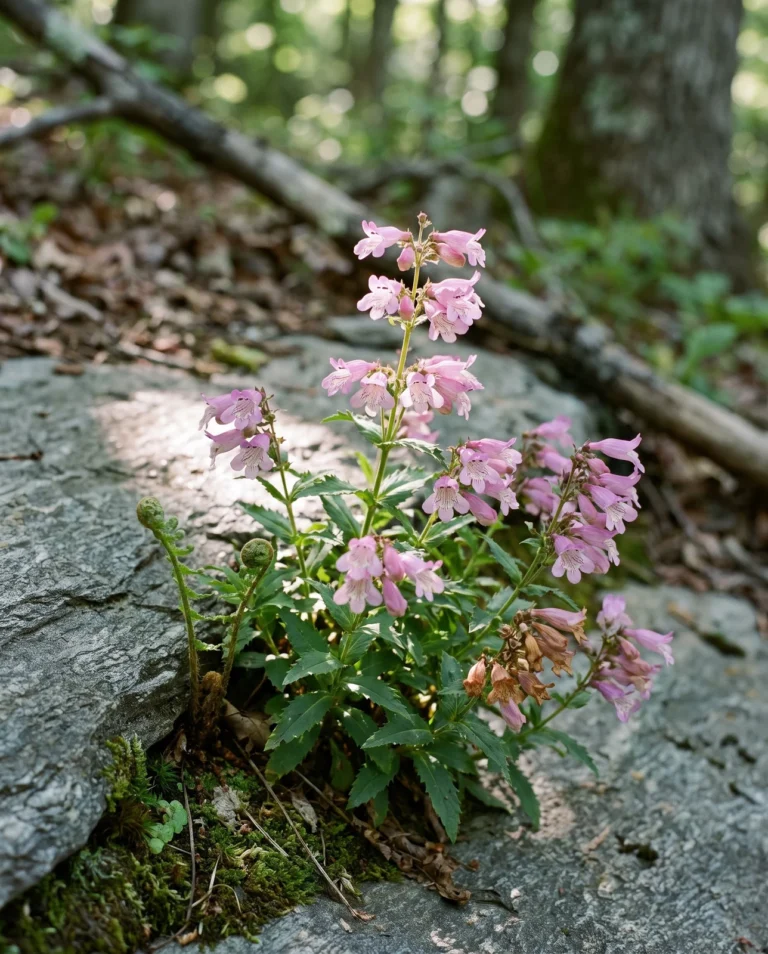 Penstemon smallii flowering rose-lavender straight out of a joint in grey mica schist on a wooded slope