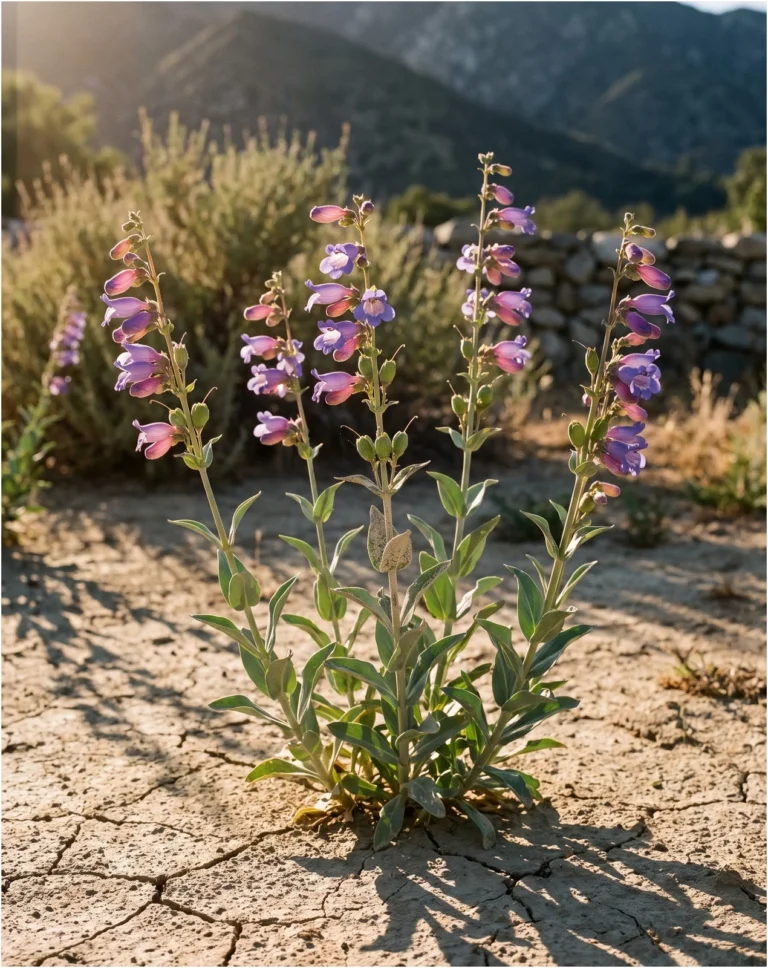 Tall blue-violet Penstemon spectabilis stems rising from cracked clay ground below the San Gabriel Mountains