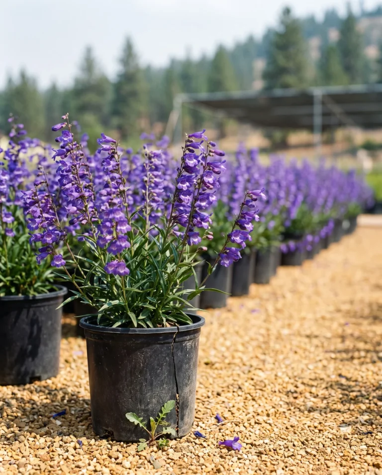 Penstemon strictus in flower in black nursery pots standing in outdoor stock rows on gravel in Durango, Colorado