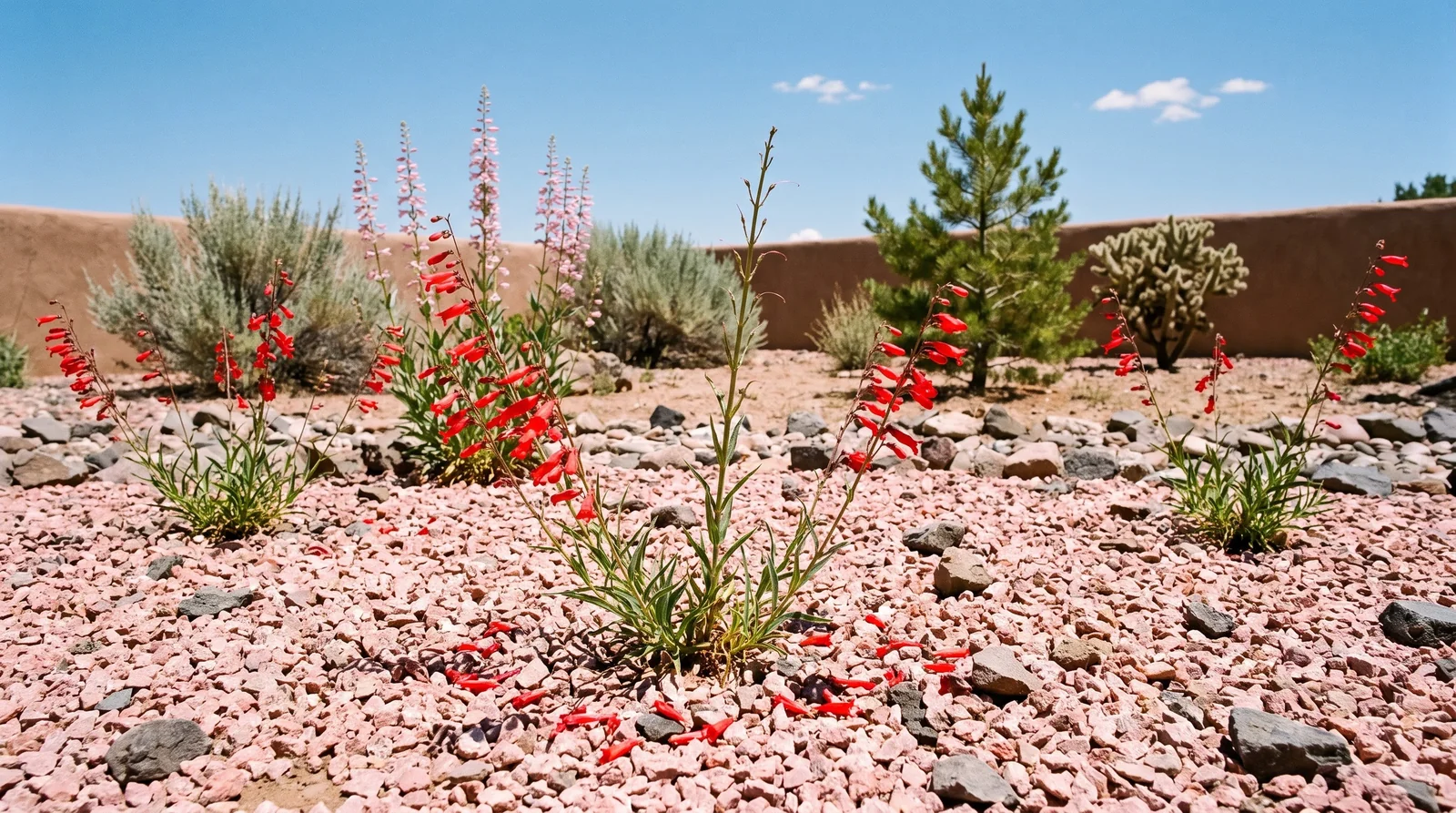 Scarlet Penstemon eatonii and pale rose Penstemon palmeri in a New Mexico gravel garden under hard midday sun