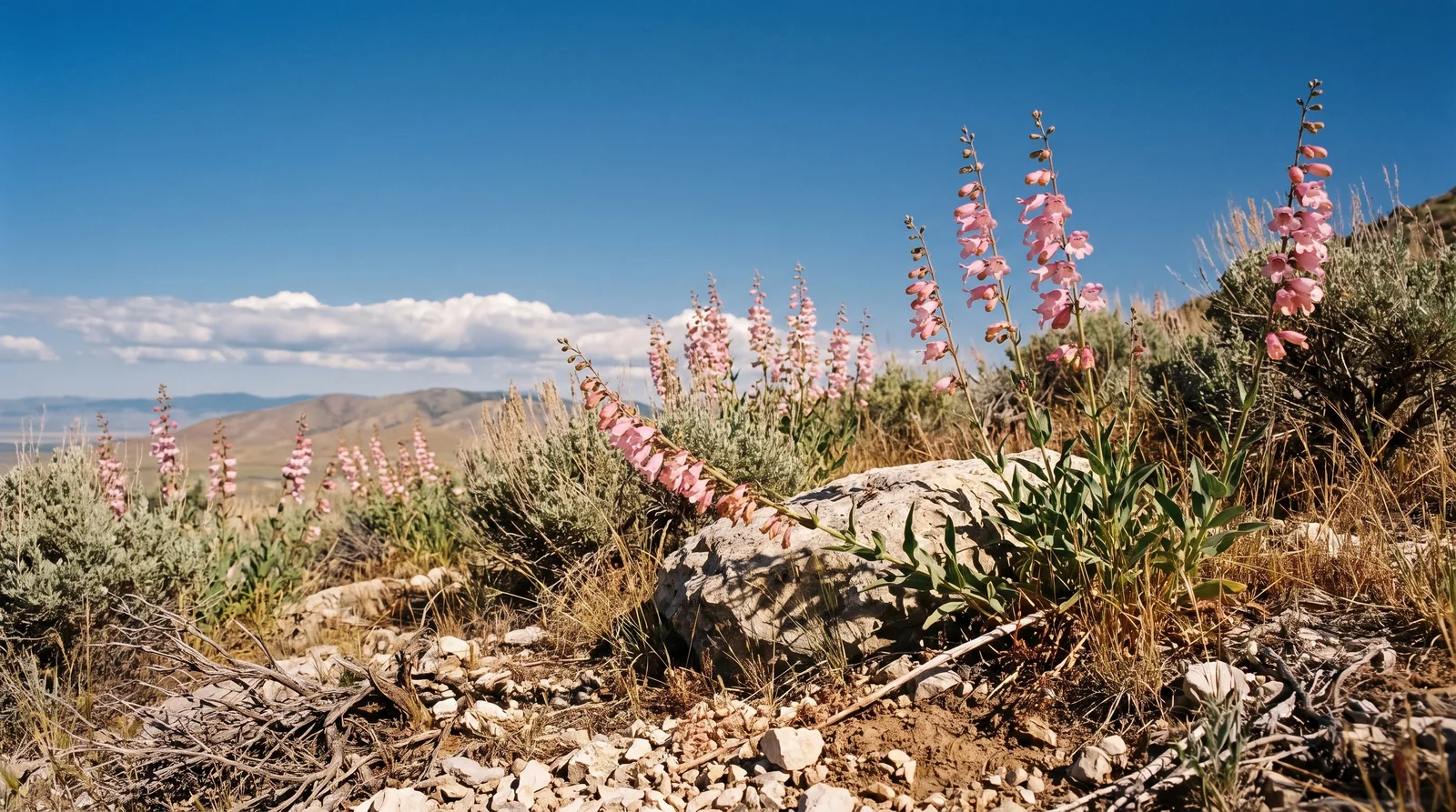 Tall pale pink spires of wild Penstemon palmeri scattered through sagebrush on a dry Utah foothill slope
