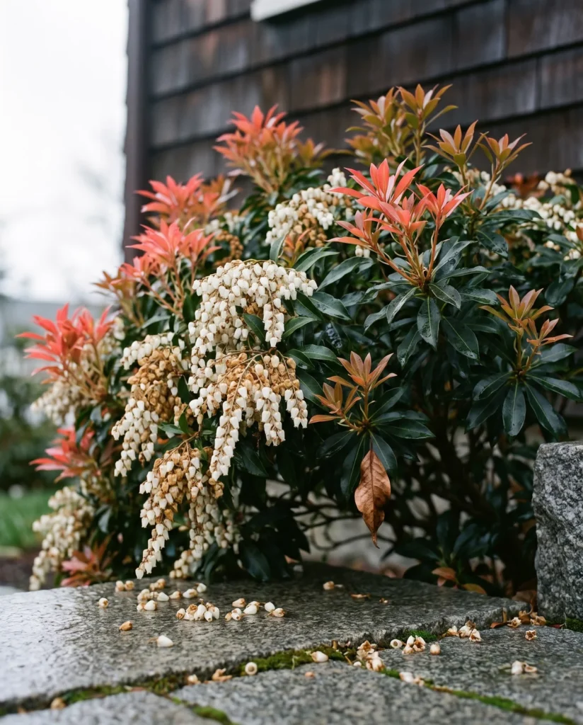 Mature Japanese pieris beside a cedar shingle house wall carrying spent white bell strings and a first flush of coral red new growth at the same time