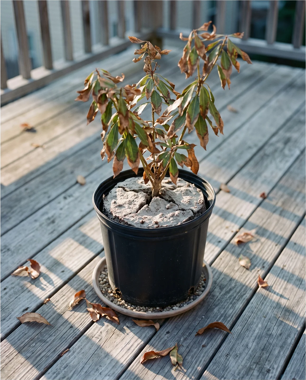Container grown pieris on a deck with the potting mix shrunk away from the pot wall and leaf edges gone crisp and brown