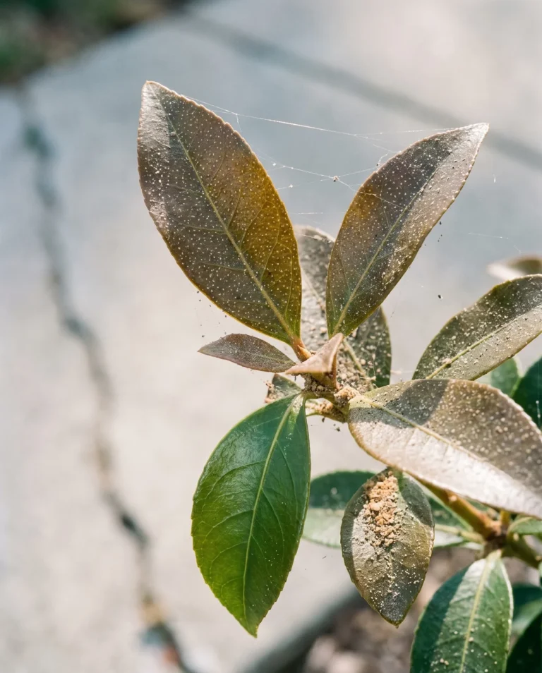 Pieris shoot tip finely stippled from above with faint silk webbing between the leaves and a clean unmarked underside