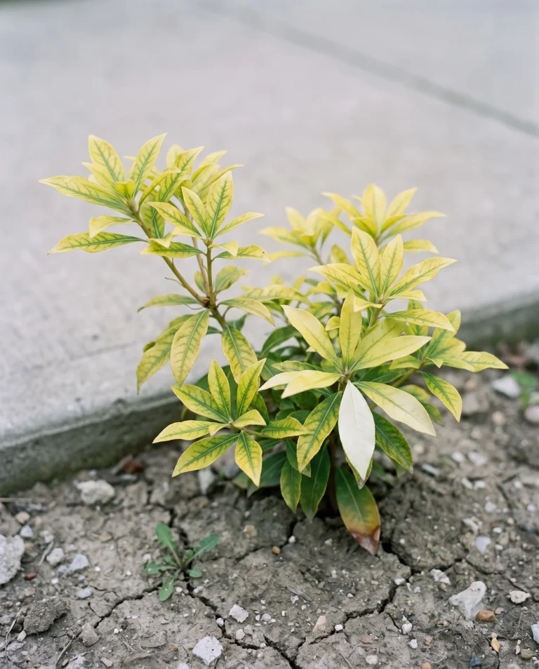 Pieris foliage yellowed evenly between darker green veins on ground beside a concrete walk, undersides clean and unmarked