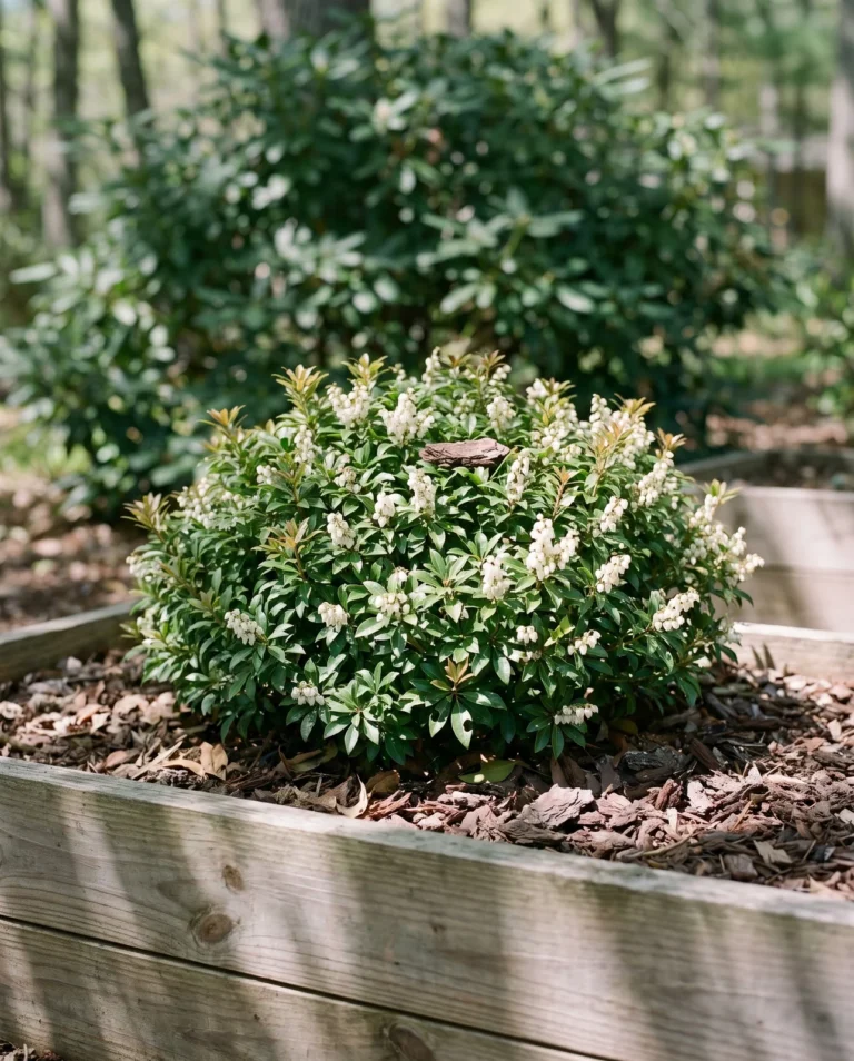 Dwarf Cavatine pieris in a raised bed, low and rounded with white bells and bronze tinted new growth