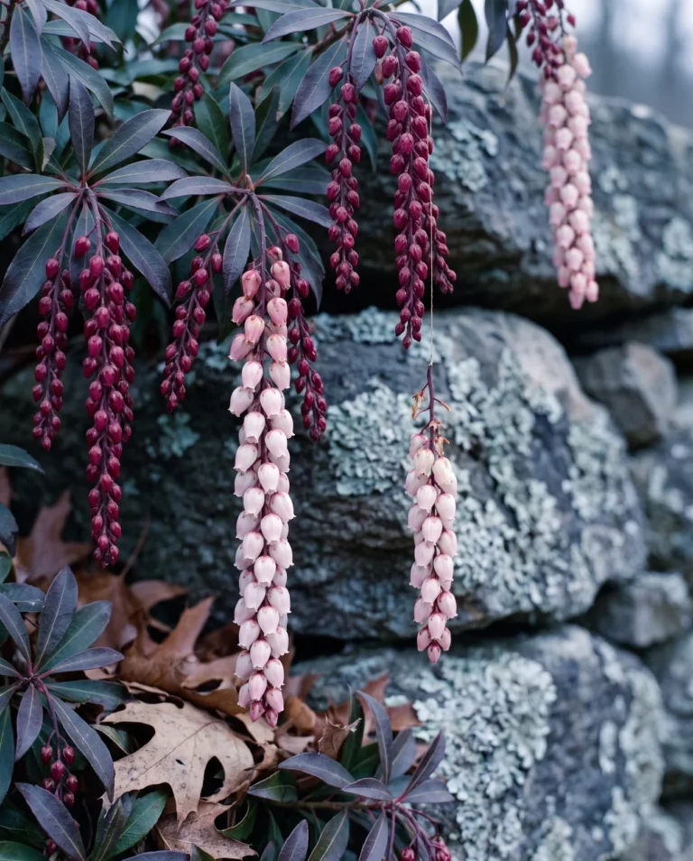 Dorothy Wyckoff pieris with deep red flower buds opening to pale pink bells against a fieldstone wall