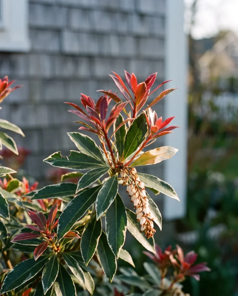 Flaming Silver pieris with red young leaves whose margins have turned pink and then silver white