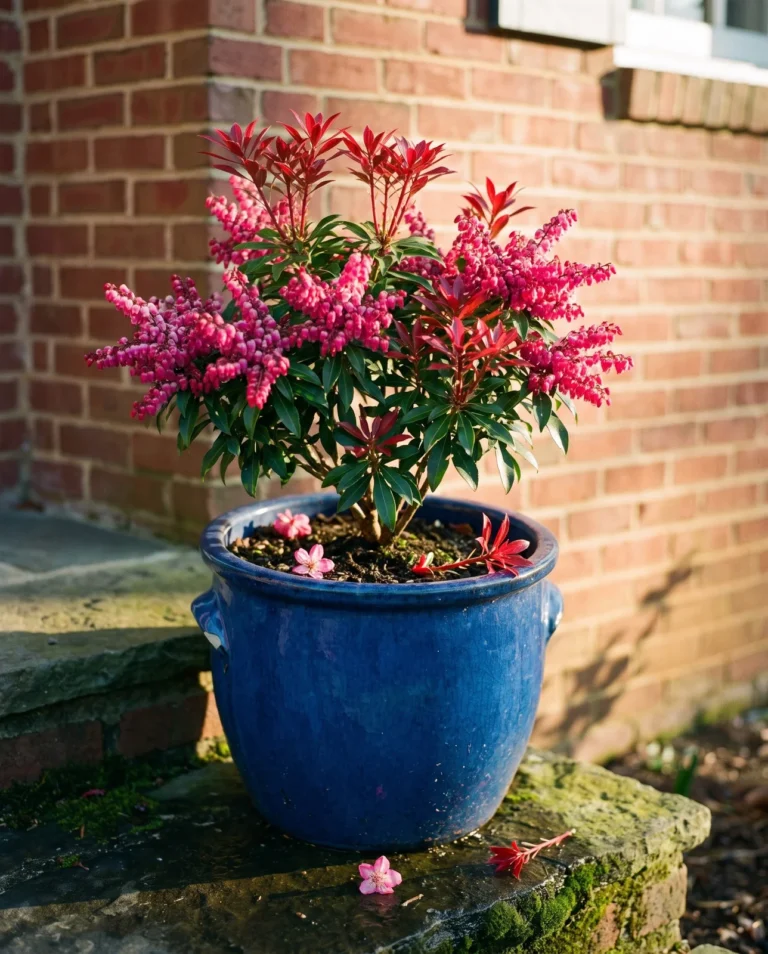 Impish Elf pieris in a glazed pot on a stone step, hot pink bell strings above rich red new foliage