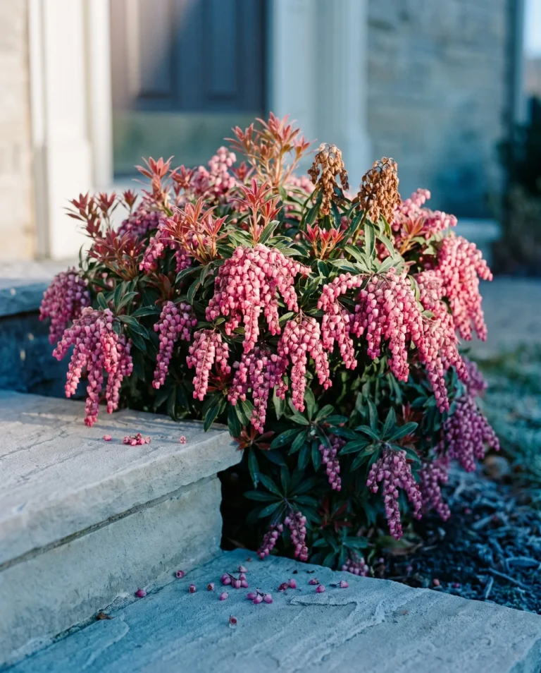 Compact Interstella pieris carrying bright pink bell strings with reddish new growth at the tips
