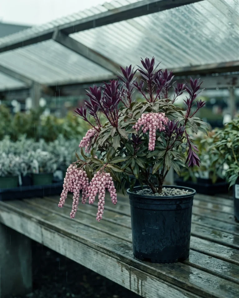 Katsura pieris on a nursery display bench with deep burgundy new foliage above light pink flower strings