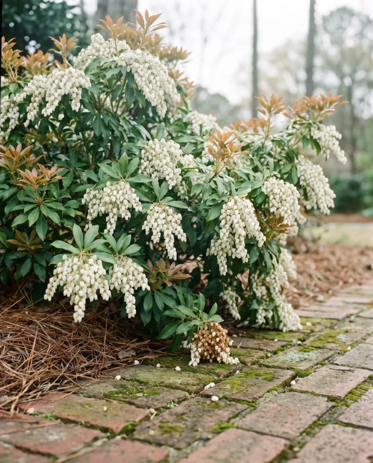 Compact Mountain Snow pieris on a brick walk in the humid South, bronze new growth over heavy white flower clusters