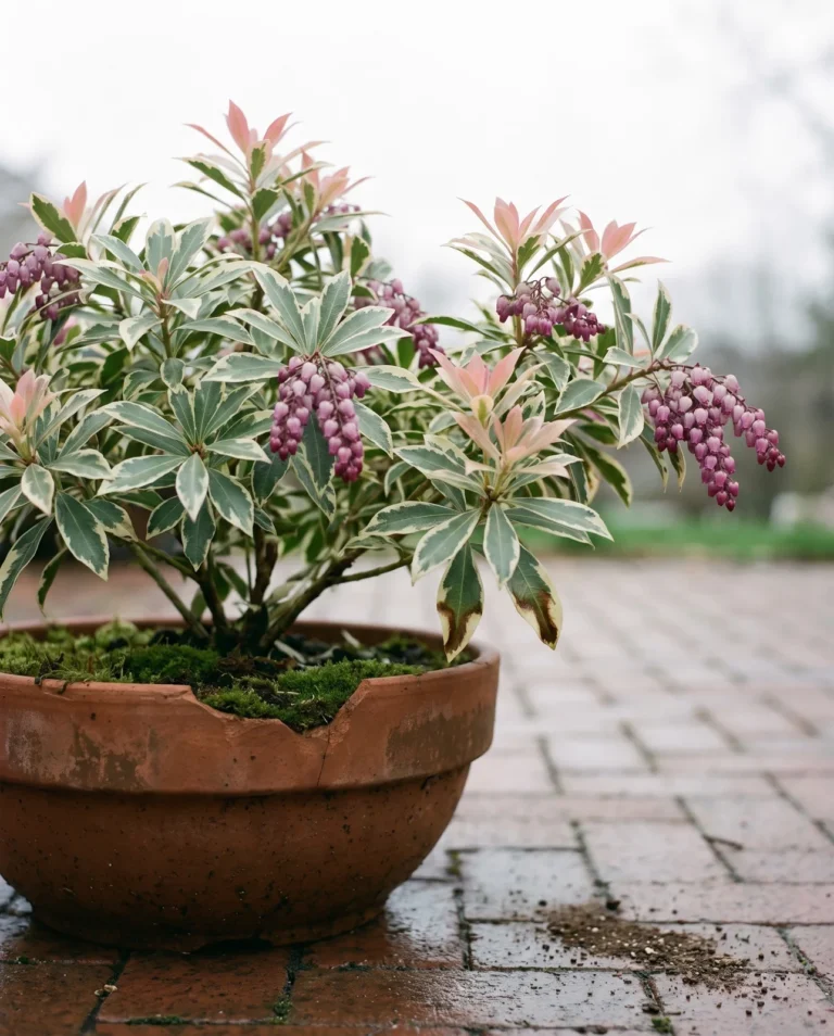 Passion Frost pieris in a patio pot, cream edged variegated leaves under purplish pink flower strings