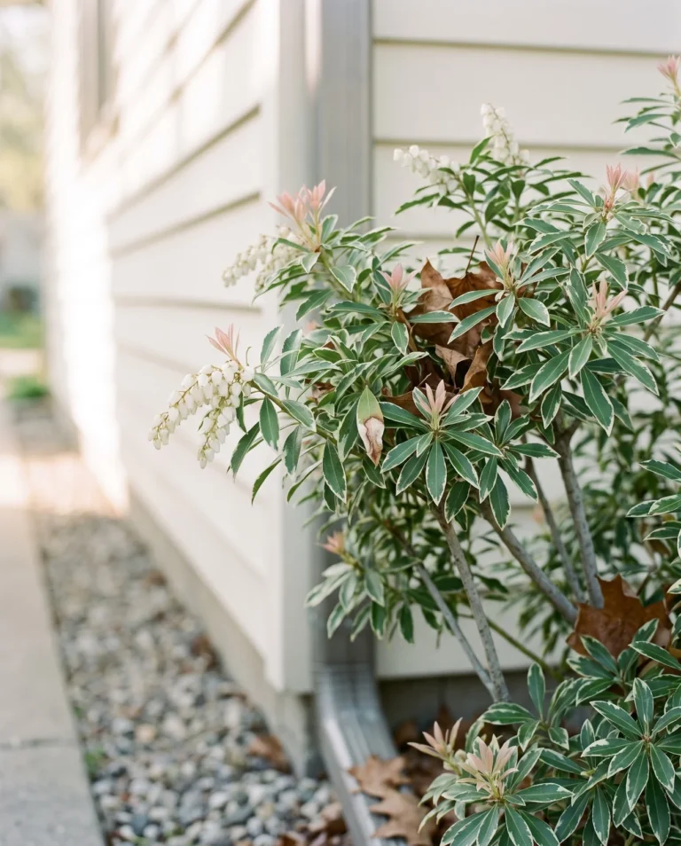 Variegata pieris against white clapboard, narrow leaves edged in cream white under white bell strings