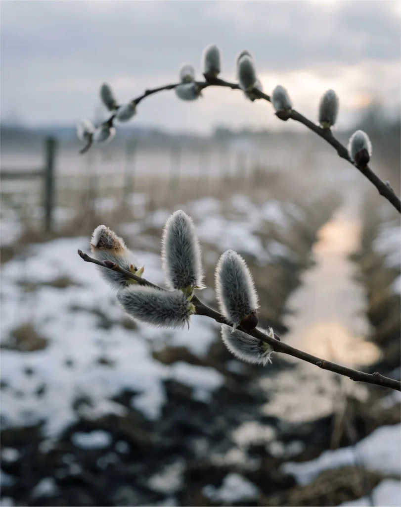 Backlit silver pussy willow catkins on a bare branch against a gray dawn sky with patches of snow below