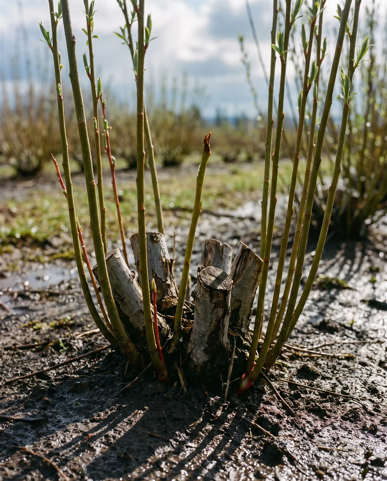 A hard-cut pussy willow stump ringed with fresh red-green shoots pushing up through wet spring ground