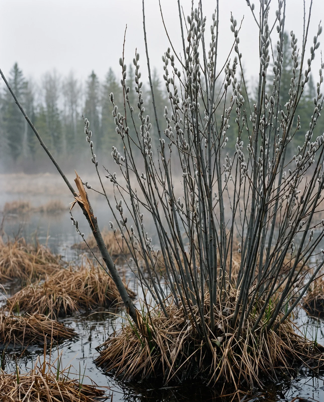 A multi-stemmed native pussy willow thicket growing at the edge of a Minnesota bog in early spring