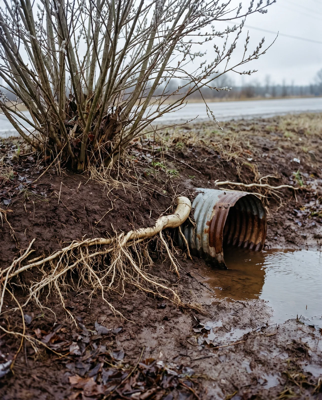 Shallow pussy willow roots exposed at the eroded bank of a drainage ditch near a culvert pipe