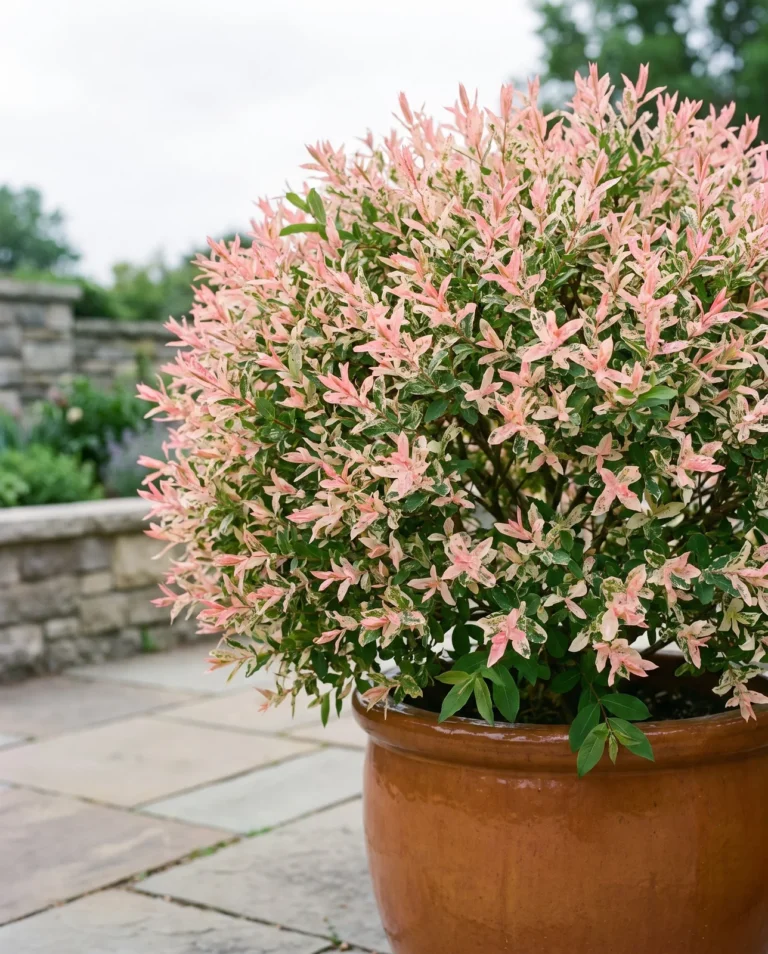 Hakuro-nishiki dappled willow, a different plant grown for pink, cream and green variegated leaves, in a Minnesota patio container