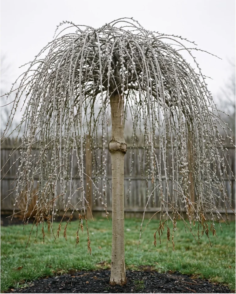 A small Kilmarnock weeping pussy willow tree grafted at head height, its catkined branches cascading in a Connecticut garden