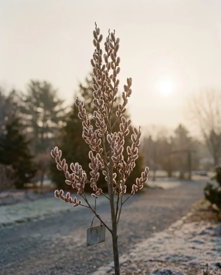 Salix caprea, the European goat willow, a larger tree form with pinkish-gray woolly catkins at a Massachusetts arboretum