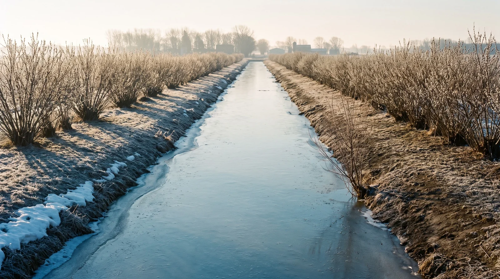 A wide view of a coppiced pussy willow row planted along a drainage canal at frosty sunrise in rural Minnesota