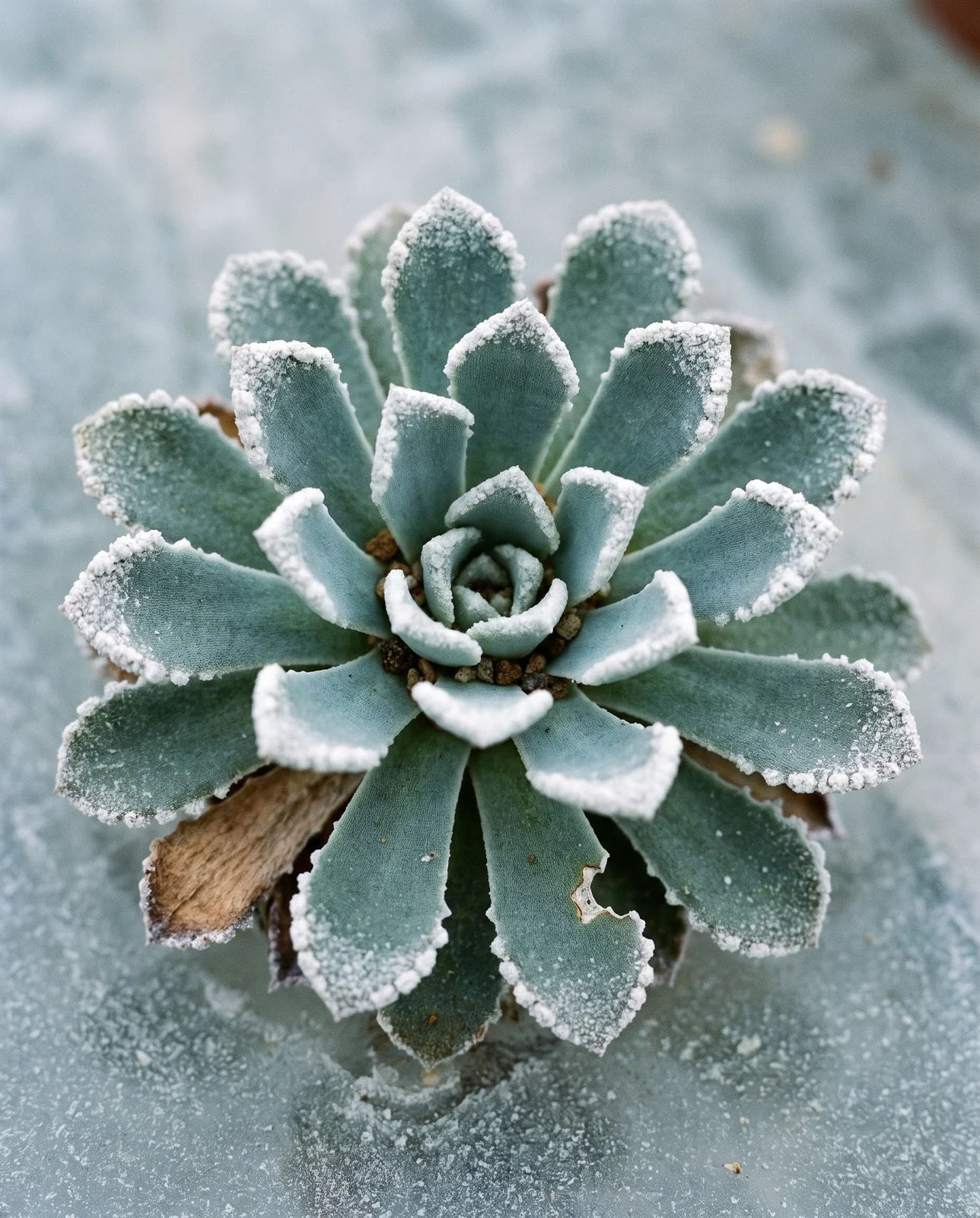 Macro straight down on a grey-green saxifrage rosette showing hard chalk-white lime beads along every toothed leaf margin