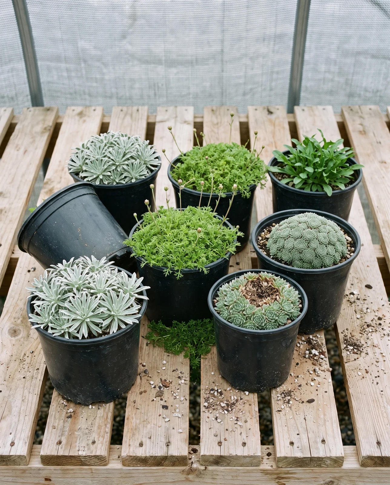 Six unlabelled black pots on a nursery bench holding plainly different saxifrages: silver rosettes, mossy mats and a hard grey cushion