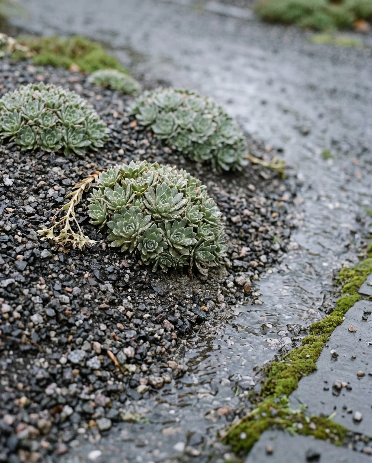 Cold rain running through coarse grit off a raised mound where saxifrage cushions sit proud with a grit collar and no standing water