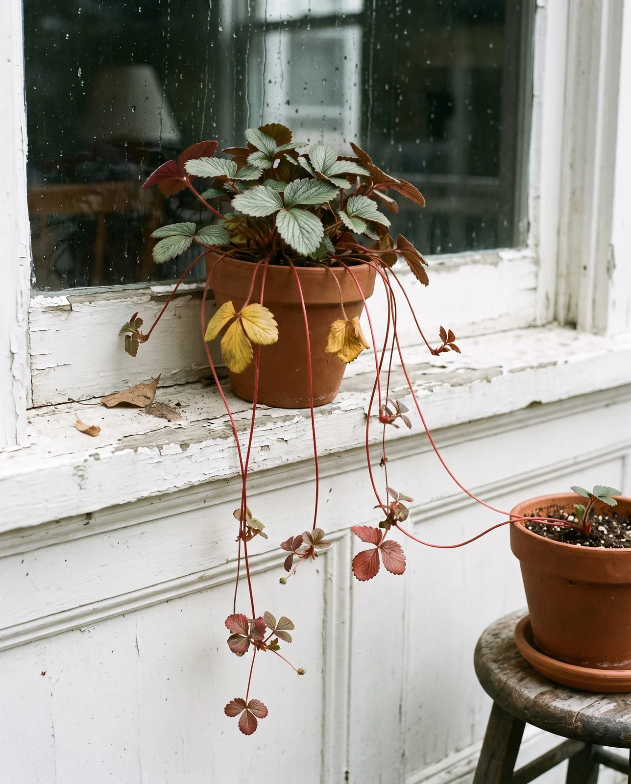 Strawberry saxifrage on a north windowsill with a dozen thread-thin red runners hanging down, each carrying a small plantlet in mid-air