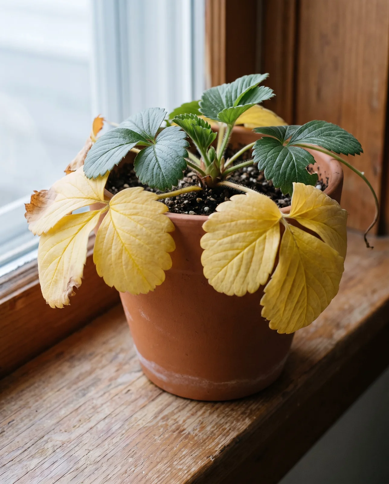 Three evenly butter-yellow outer leaves lolling over a clay pot rim while the inner ring of strawberry saxifrage leaves stays deep green