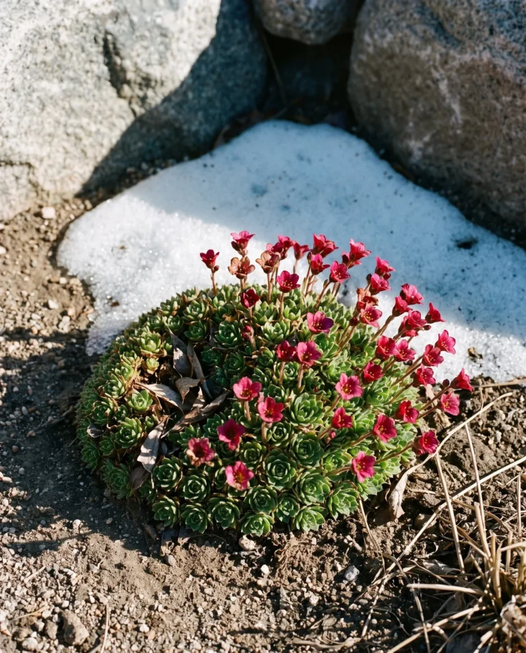 Low mossy saxifrage cushion covered in red-violet flowers in March with granular old snow still lying in the lee of the stones