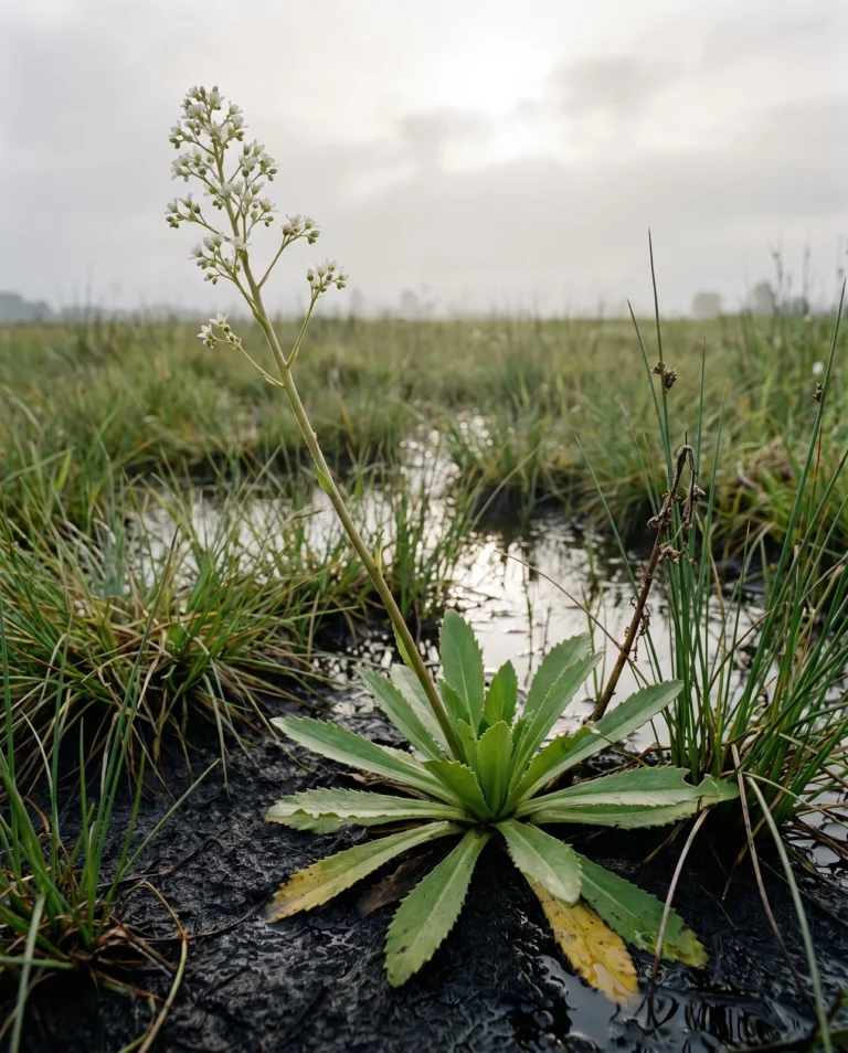 Bog saxifrage in a wet meadow: a flat rosette of broad toothed basal leaves under a two-foot leafless stalk of small white flowers