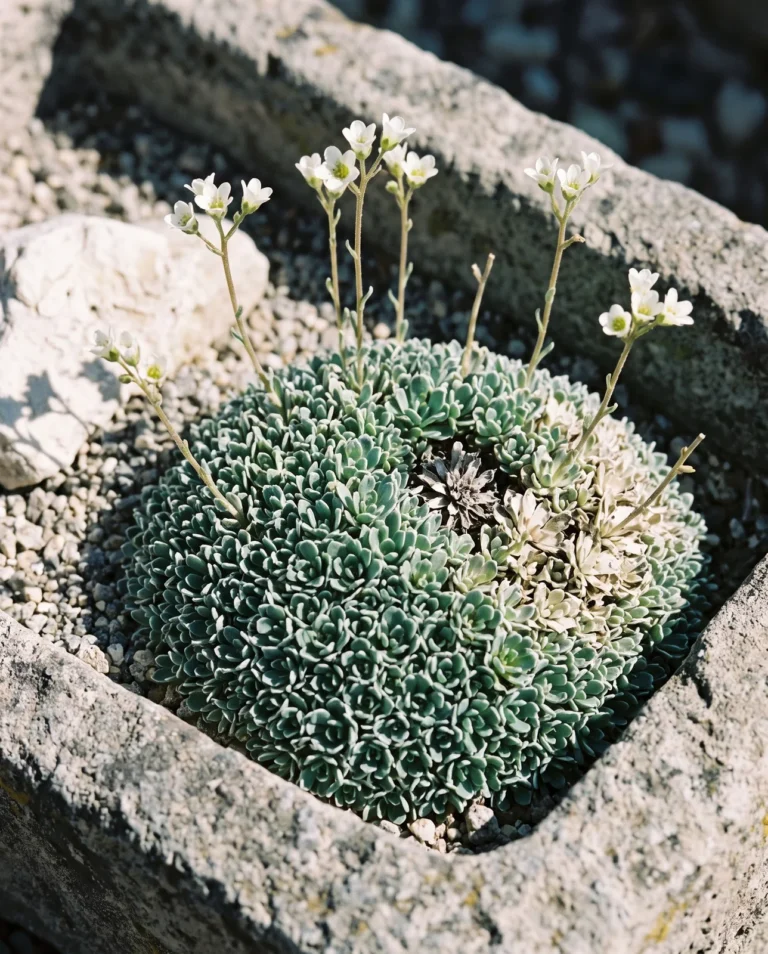 Tiny hard blue-green saxifrage cushion of button-sized rosettes with lime-crusted edges and four-inch stems of small white flowers