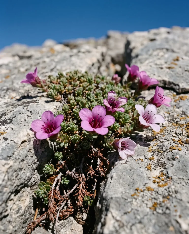 Wild purple saxifrage mat of paired scale-like leaves with solitary rose-purple flowers growing from a crack between dolomite plates