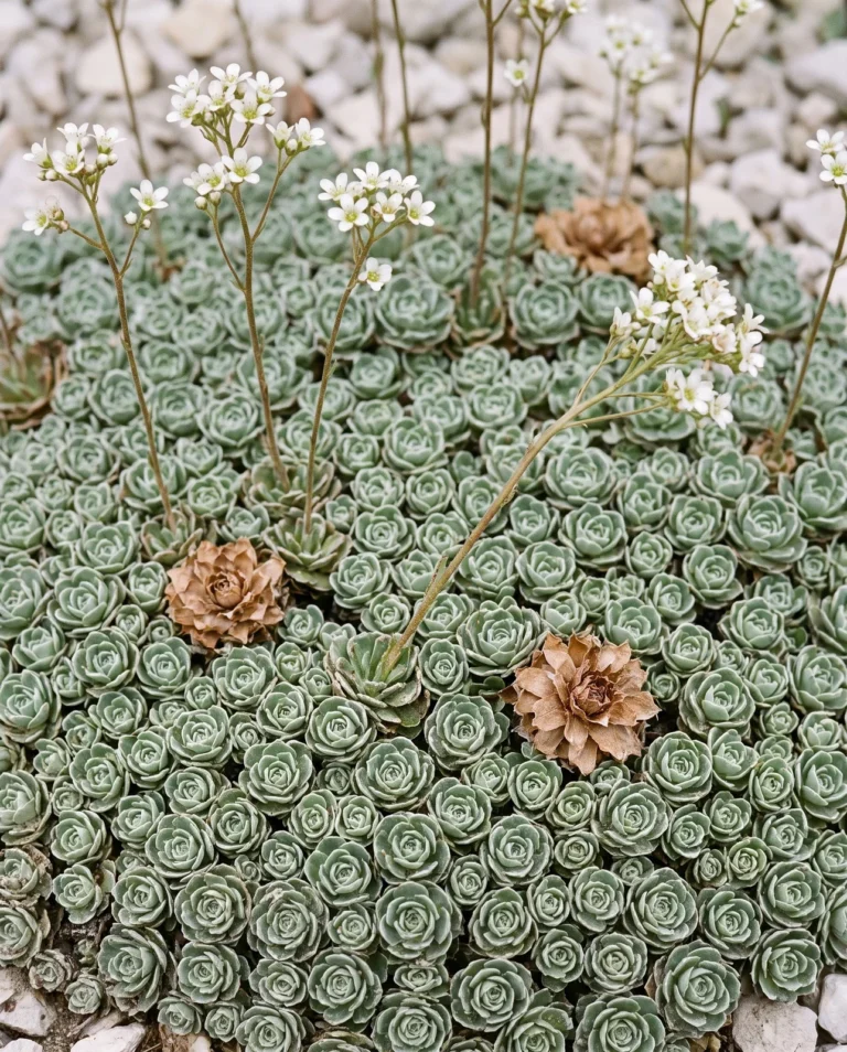 Silver saxifrage mat of many small lime-crusted rosettes with wiry stems carrying narrow flat sprays of white flowers over limestone chippings