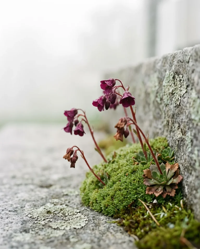 Dark purple-red mossy saxifrage flowers beaded with fog drops over a soft green mat at a granite doorstep in sea fog