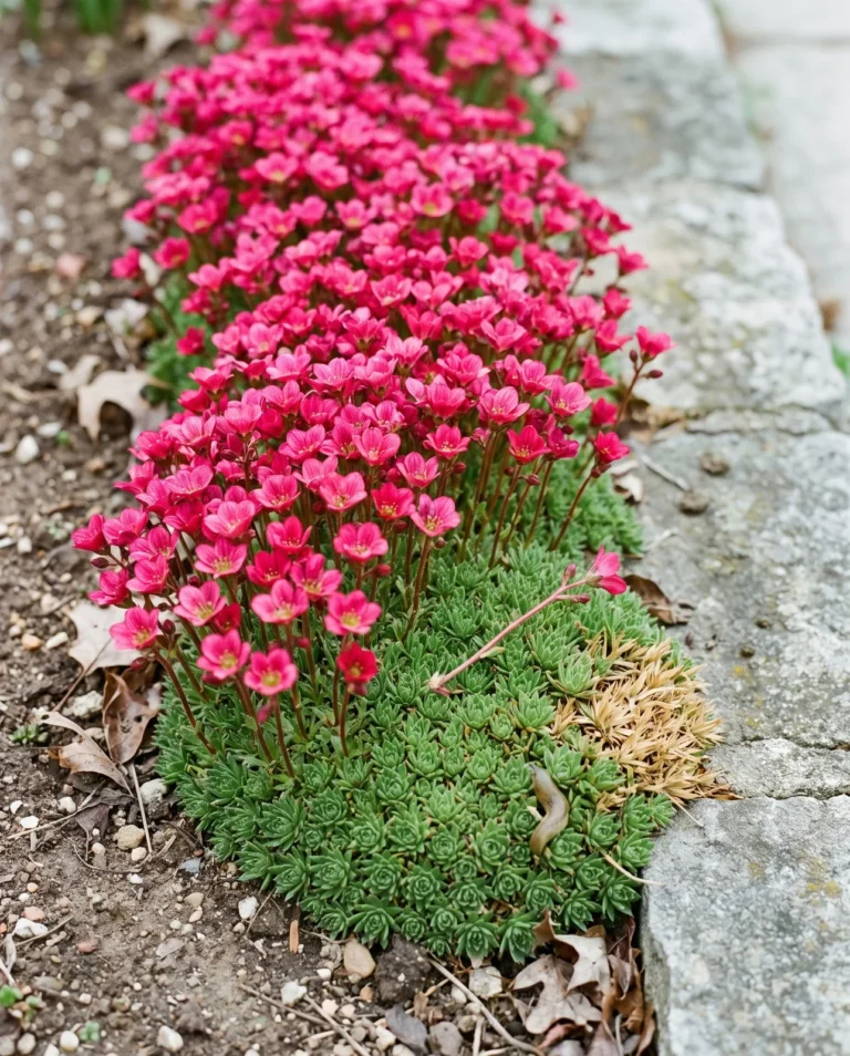 Mossy saxifrage carrying a dense band of clean neon rose-pink flowers over a tight green mat beside stone edging under flat overcast