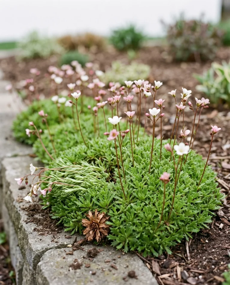 Mossy saxifrage forming a dense bright green moss-like cushion with short stems of small white and pink cup-shaped flowers