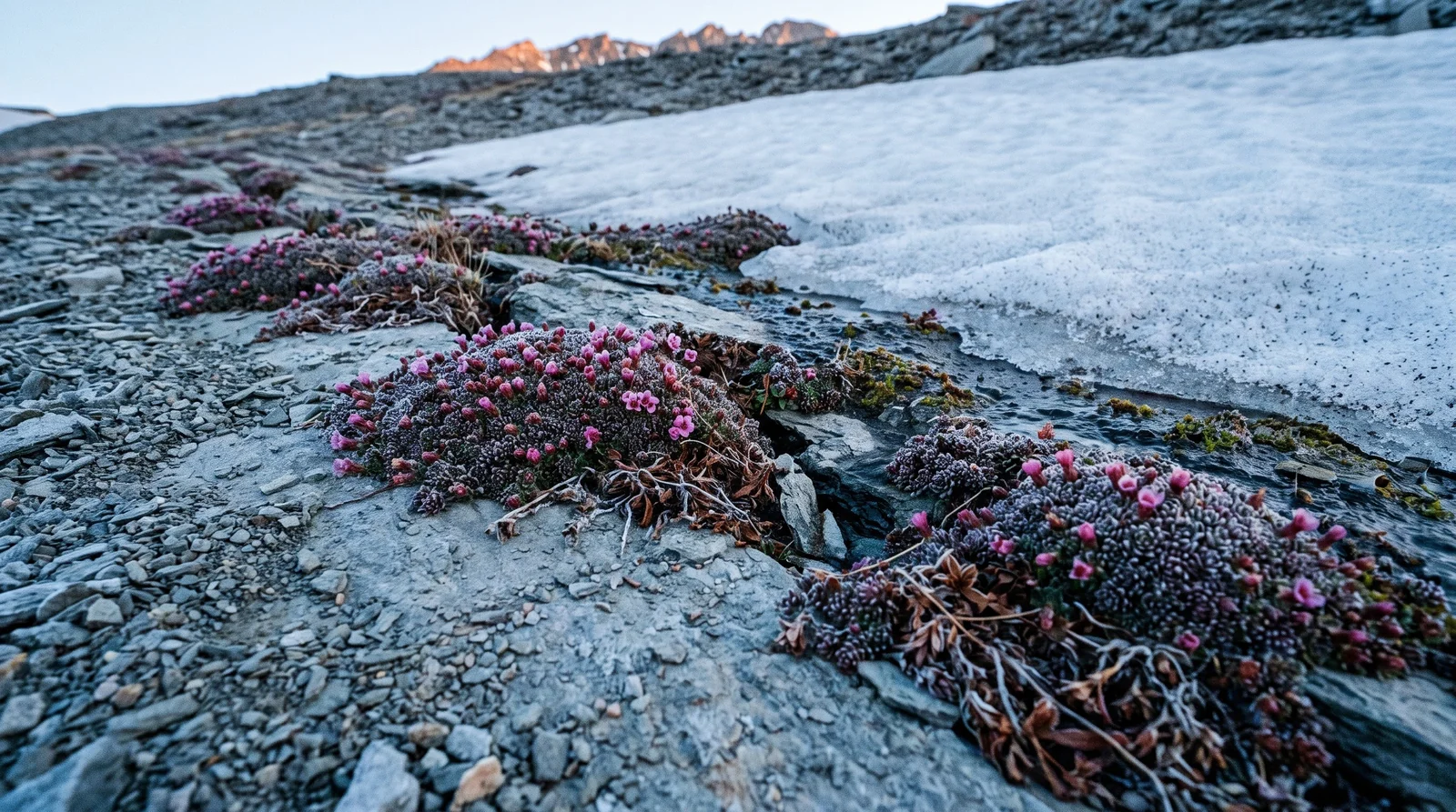 Wild purple saxifrage mats flowering on a bare arctic shale slope beside a shrinking snow patch in cold pre-sunrise light