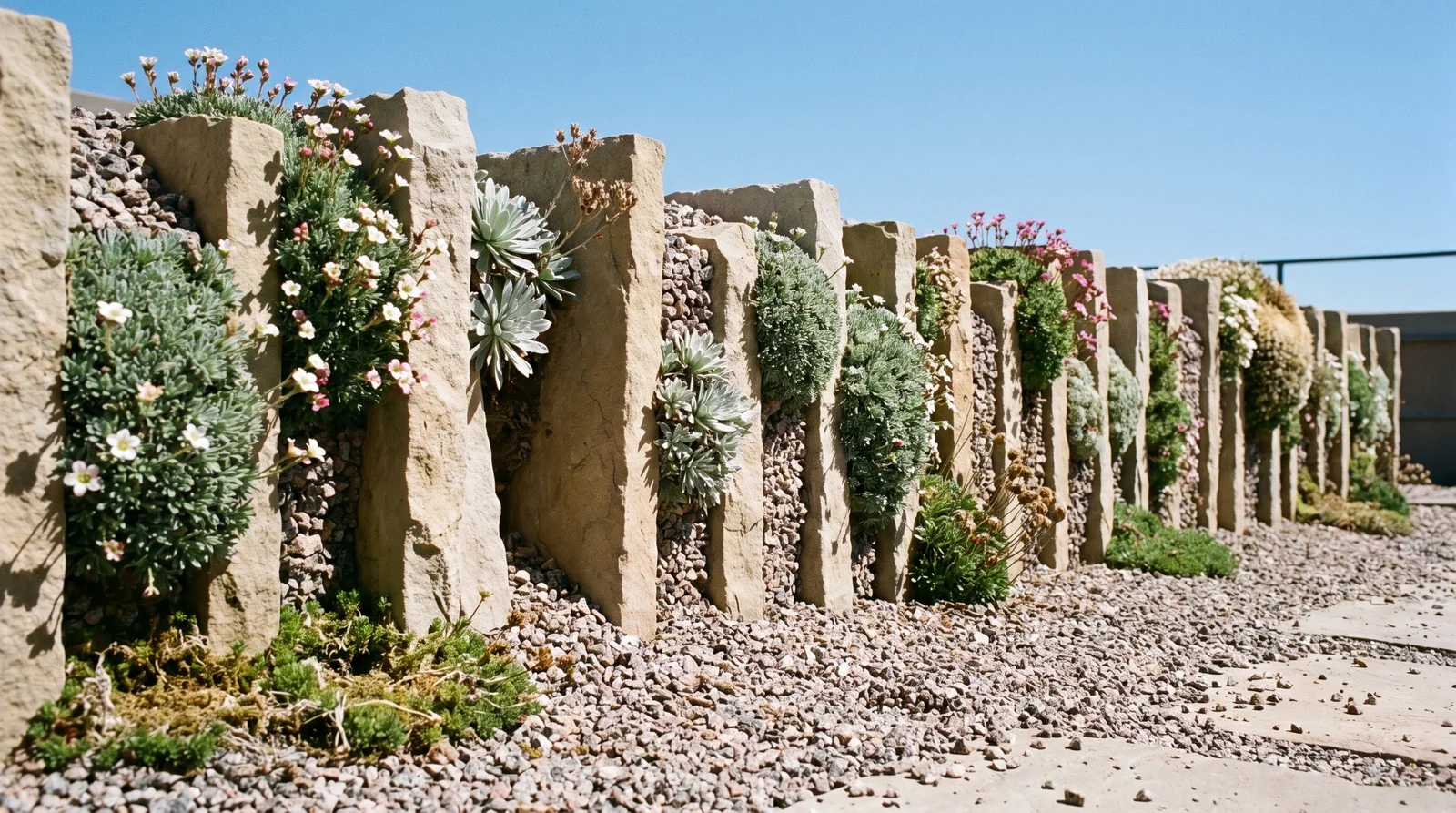 Crevice garden of limestone slabs set on edge with saxifrage cushions planted down in the vertical joints under hard blue mountain sky