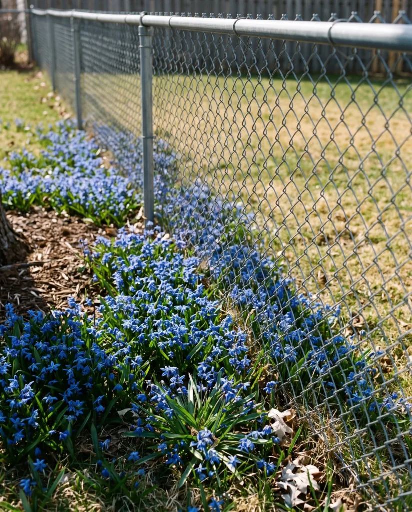 A suburban lawn solid with blue Siberian squill running under a chain-link fence and continuing at the same density in the next yard